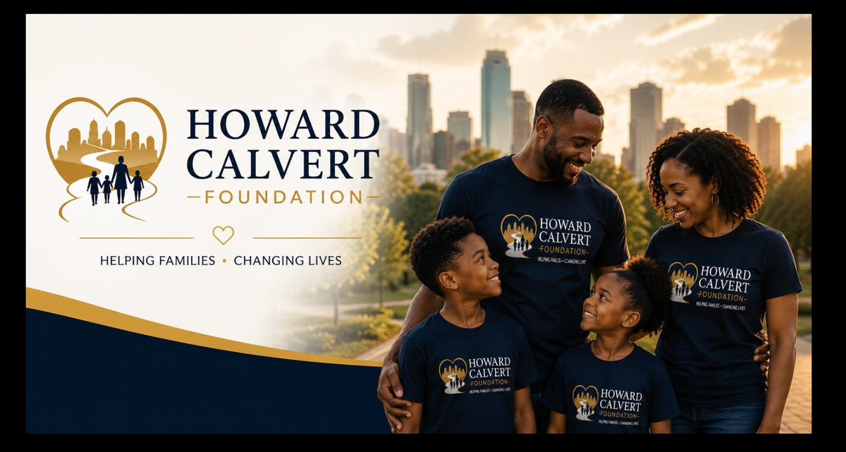 Howard Calvert Foundation banner with its logo, a Houston skyline, and a family together.